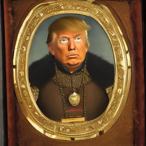 Prompt: donald trump wearing knights armor!!!!, donald trump holding a crazy broadsword, donald trump ’ s highly detailed face, donald trump ’ s handsome face, by hans holbein