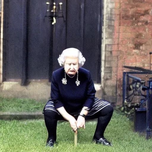 Prompt: Queen Elizabeth II gopnik squatting