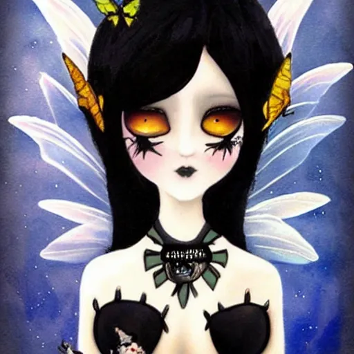 Prompt: gothic whimsical fairy with black dress and black hair fantasy gothic painting