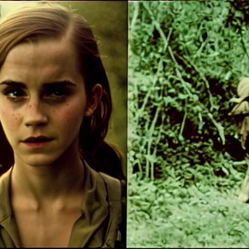 Image similar to film still, extreme far view, emma watson vietnam door gunner, film still from apocalypse now ( 1 9 7 9 ), 2 6 mm, kodak ektachrome, blue tint expired film,