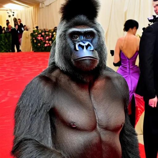 Image similar to harambe the gorilla in a ball gown at the met gala