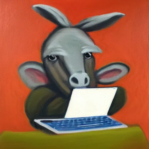 Image similar to donkey wearing a hoodie using a laptop in a dark room, oil on canvas