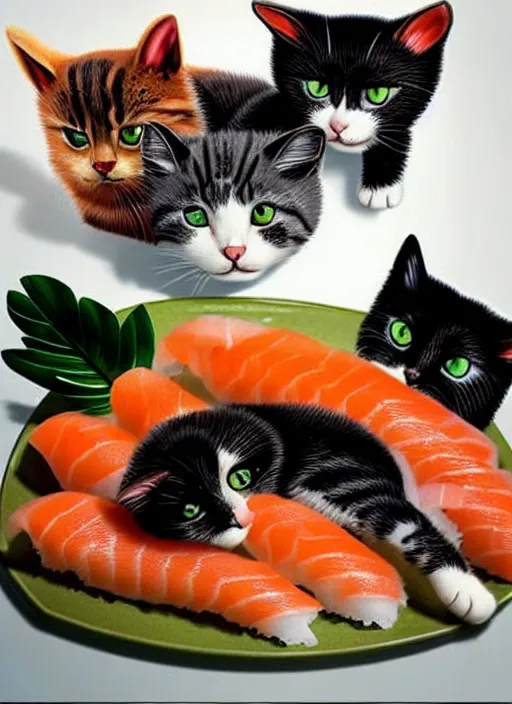 Image similar to clear photorealistic picture of adorable cats made out of sushi