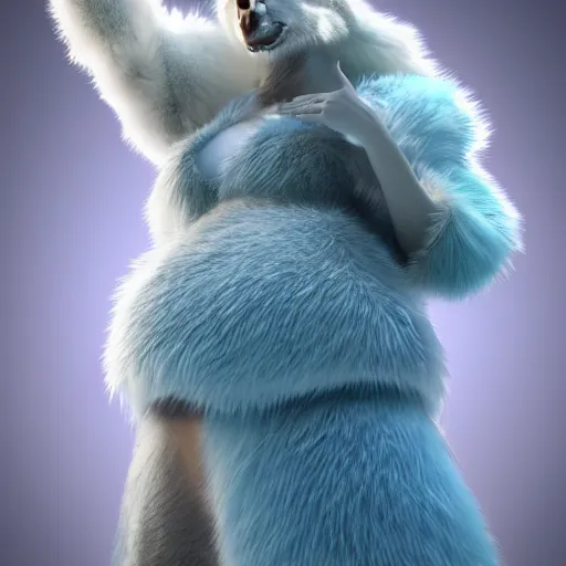 Image similar to 3 d render, well toned, large tall, female anthropomorphic wolf, blue fur and scales with white spots and wings on her back, icey blue dress, fur covering her chest.