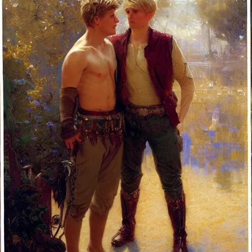 Image similar to attractive male, arthur pendragon who has blond hair confesses his love to attractive male, merlin who has dark hair. highly detailed painting by gaston bussiere, craig mullins, j. c. leyendecker 8 k