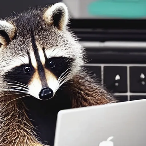 Prompt: logo of a happy raccoon pushing a grocery cart with a laptop on top and a face mask hanging off the corner