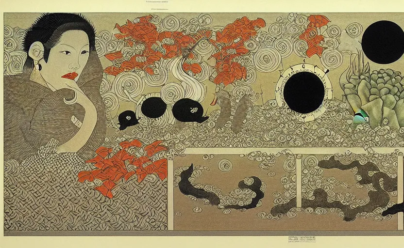 Image similar to business dashboard with time series charts, pie plots and other modern graphics, with small creatures swimming on it. diego rivera ( takato yamamoto influence ). ravi supa.