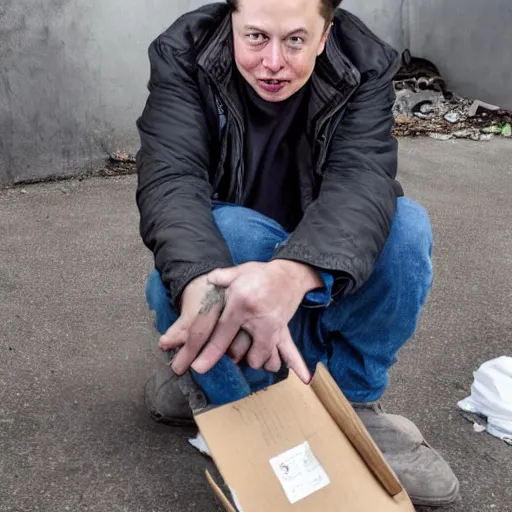 Image similar to elon musk as a homeless man, 4 k ultra high detailed