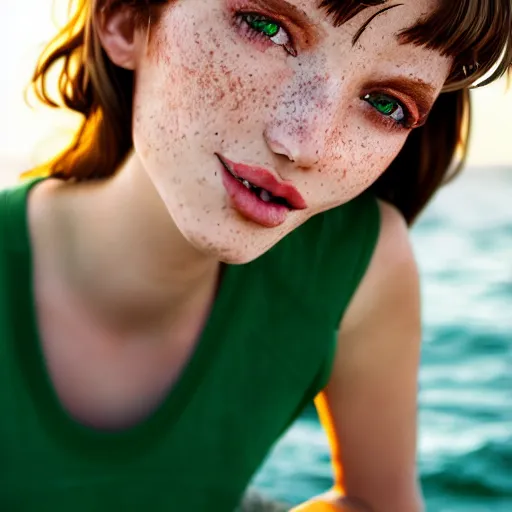 Image similar to portrait of a cute thin young woman, bronze brown hair, emerald green eye color, red blush, cute freckles, smug smile, modern clothes, relaxing on the beach, golden hour, close up shot, 8 k, art by irakli nadar, hyperrealism, hyperdetailed, ultra realistic