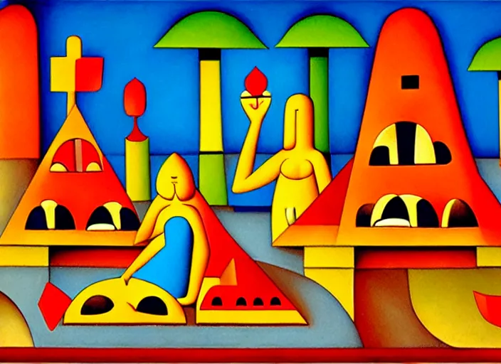 Image similar to a temple to pizza by Tarsila do Amaral