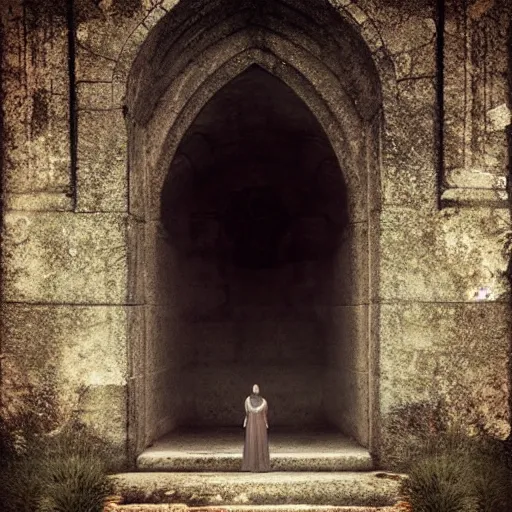 Prompt: delicate Beautiful ancient young woman near giant mysterious and eerie mausoleum, extremely high detail, photo realistic, cinematic, dramatic, post processed