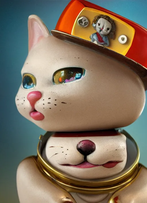 Image similar to closeup portrait of tin toy napoleon cat holding cheese, depth of field, zeiss lens, detailed, symmetrical, centered, fashion photoshoot, by nicoletta ceccoli, mark ryden, lostfish, earl nore, hyung tae, frank frazetta, breathtaking, 8 k resolution, extremely detailed, beautiful, establishing shot, artistic, hyperrealistic, octane render