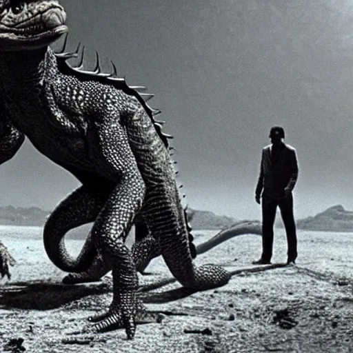 Image similar to movie scene of a man and a draconian humanoid on a space planet, reptil, reptilian, movie still, cinematic composition, cinematic light, criterion collection, reimagined by industrial light and magic, Movie by David Lynch and Ridley Scott