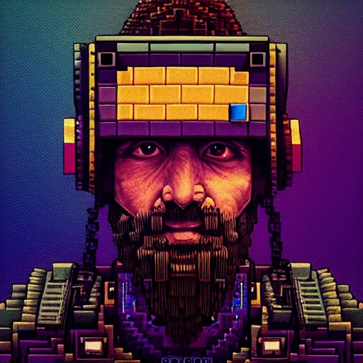 Prompt: Colour Minecraft style Photography of 1000 years old man with highly detailed 1000 years old face wearing higly detailed cyberpunk VR Headset designed by Josan Gonzalez Many details. . In style of Josan Gonzalez and Mike Winkelmann andgreg rutkowski and alphonse muchaand Caspar David Friedrich and Stephen Hickman and James Gurney and Hiromasa Ogura. Rendered in Blender