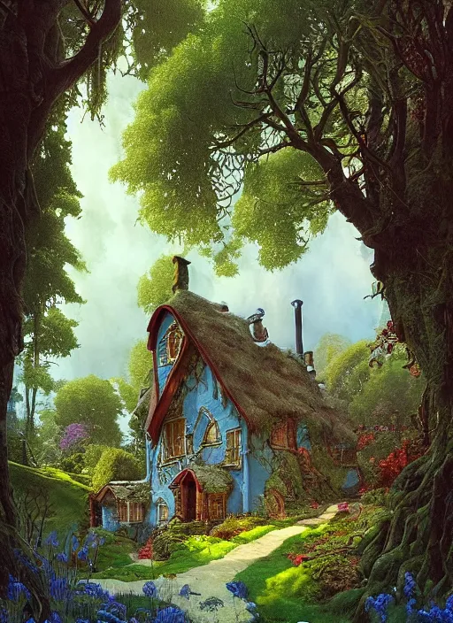 Image similar to hyper realistic homely ornate modern witch cottage distant down a path in the woods gorgeous lighting, blue sky, highly detailed, lush forest by zdzisław beksinski and norman rockwell and greg rutkowskiweta studio, and lucasfilm