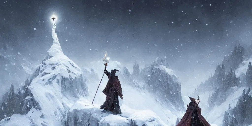 Image similar to a powerful wizard casting a spell on a snowy mountain top, greg rutkowski, 8 k, shallow depth of field, intricate detail, concept art,