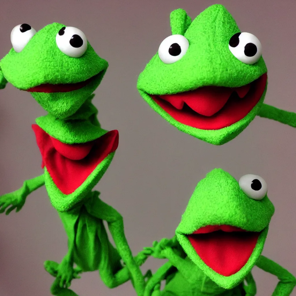 Image similar to evil scary kermit the frog with realistic pointy teeth