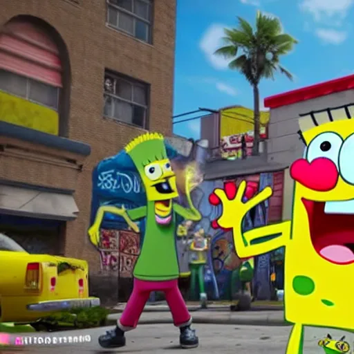 Prompt: 3D realistic SpongeBob and Sandy rapping, wearing cool rap outfits and bandanas, standing on the streets, surrounded by a crowd, unique angle, HDR, 4k, the earth is quaking under their feet from the music, shockwaves are coming out, graffiti in the background, details faces, visible eyes, unreal engine