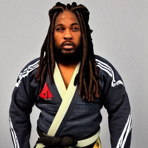 Image similar to photo of chubby black bjj athlete with long dreads posing, serious face, white belt