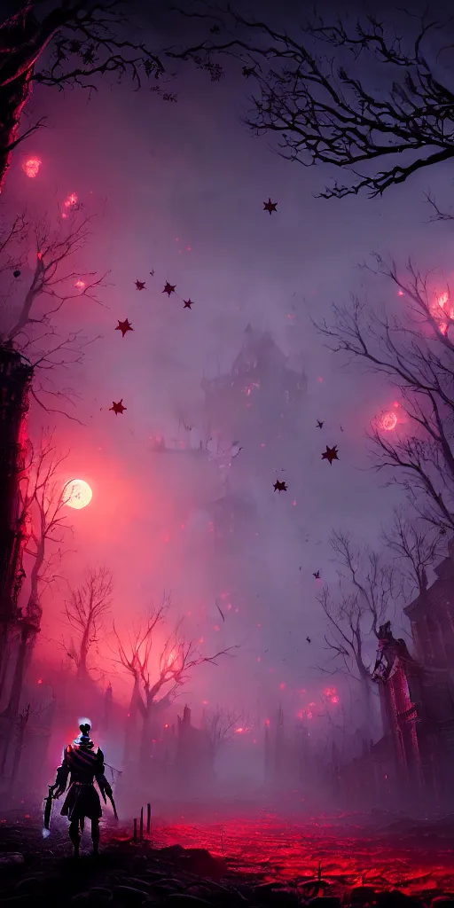 Prompt: abandoned bloodborne old valley with a person at the centre and a city at the end, trees and stars in the background, falling petals, epic red - orange moonlight, perfect lightning, illustration by niko delort, 4 k, ultra realistic