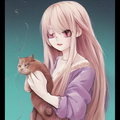 Image similar to a portrait of a young woman with very long pink hair undulating on the wind, light brown eyes, slightly chubby, pale skin, pretty, cute, holding a white cat. style manga with pastel colors. - h 6 4 0