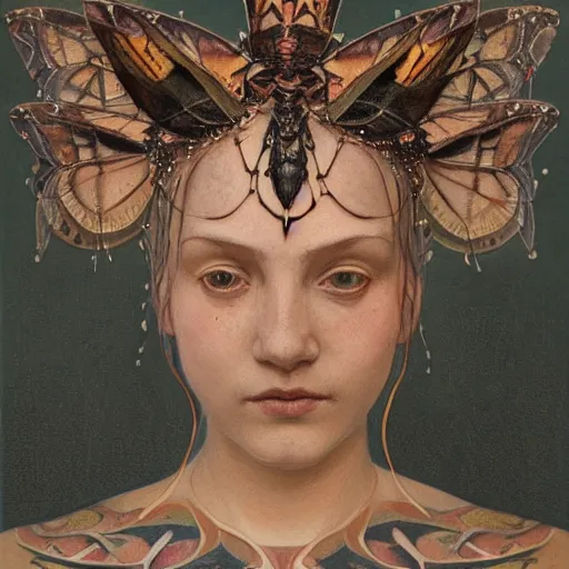 Image similar to the moth crown, by Annie Swynnerton and Nicholas Roerich, bioluminescent skin, tattoos, elaborate costume, geometric ornament, symbolist, smooth, sharp focus, extremely detailed, octane render