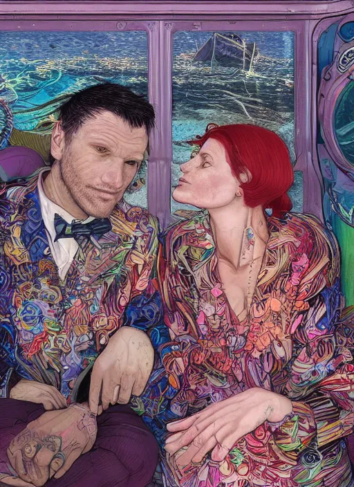 Prompt: detailed colourful masterpiece of photography couple portrait sat down in love extreme closeup, inside an underwater train, detailed realistic expressions, wearing unusual clothes, by ford madox brown and moebius and kilian eng and greg hildebrandt