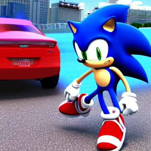 Prompt: sonic in 3d style running in las vegas nevada