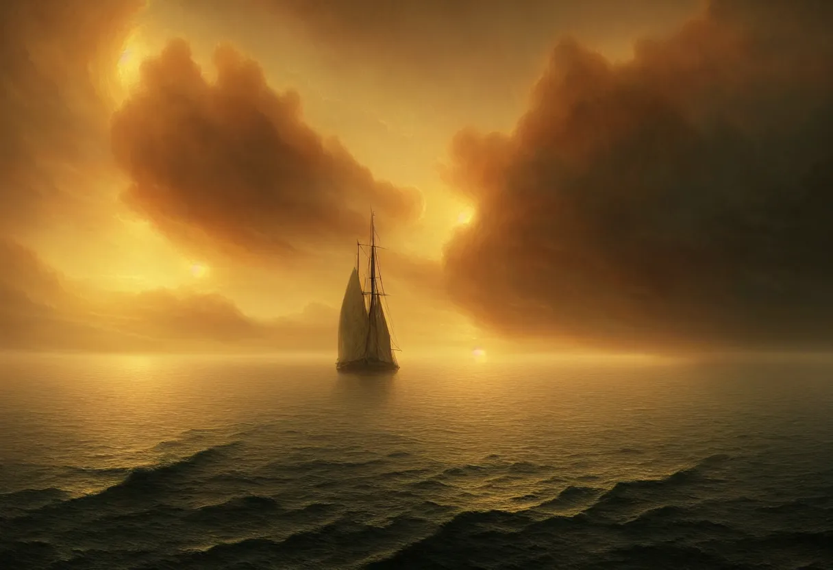 Image similar to strange sea surface of autumn planet at sunset, sailing ship on horizon, ultra high definition, ultra detailed, symmetry, fog, matte painting, by greg rutkowski and ross tran and wlop