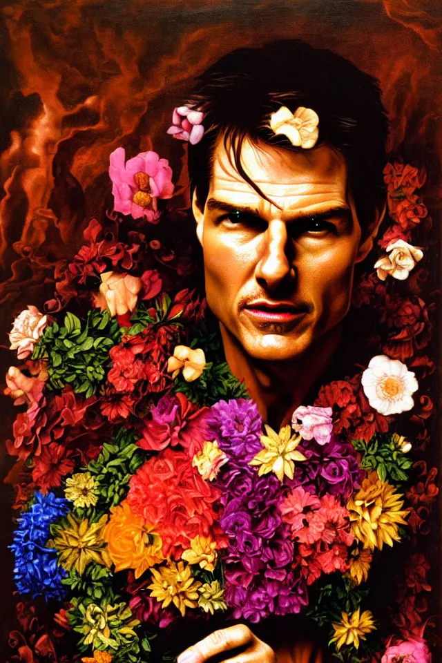 Prompt: bizarre surreal renaissance portrait of tom cruise as a box made out various flowers, dramatic cinematic lighting, bold colors, 8 k, beautiful intricate painting