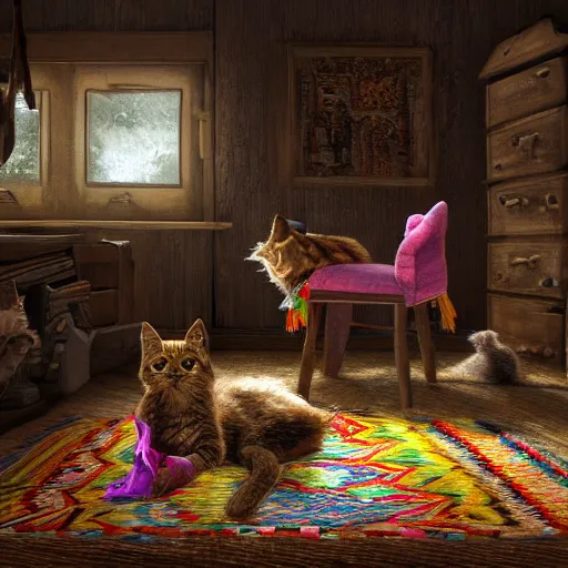 Prompt: a dark and dusty parlor. a dusty sunbeam shines into the room. in the middle a kitten bats it's toys around on a colorful tassel fringed rug. 8 k, 4 k, digital art, artstation