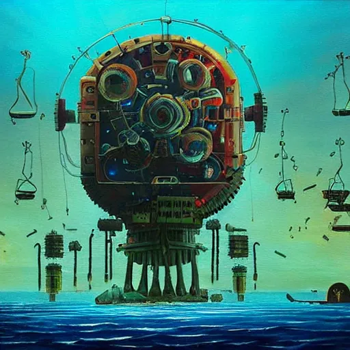 Image similar to beautiful painting of a giant mechanical theatre under the ocean in the style of Simon Stålenhag and H. R. Giger