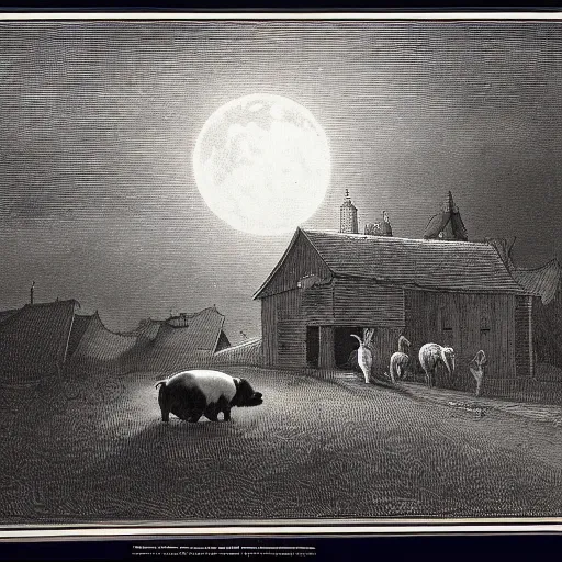 Image similar to pig in a tuxedo coming out of a barn, dark, moon, dark clouds, high detail, dramatic light, drawing gustave dore