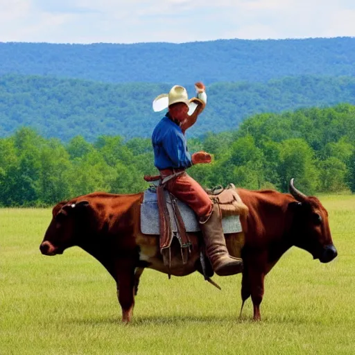 Prompt: a cowboy riding a cow next to the ozarks