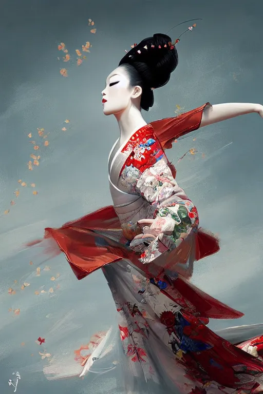 Image similar to geisha prima ballerina dancing in the wind, intricate, elegant, volumetric lighting, digital painting, highly detailed, artstation, sharp focus, illustration, concept art, ruan jia, steve mccurry