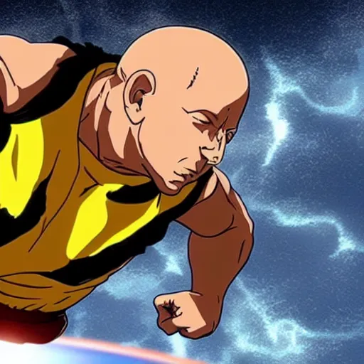 Prompt: vin diesel as saitama throwing a car into space