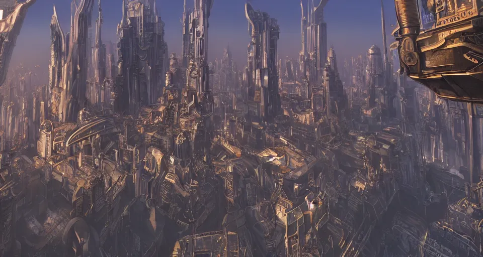 Prompt: view on futuristic city in the horizon, in style of steampunk, detailed, sharp, 8 k