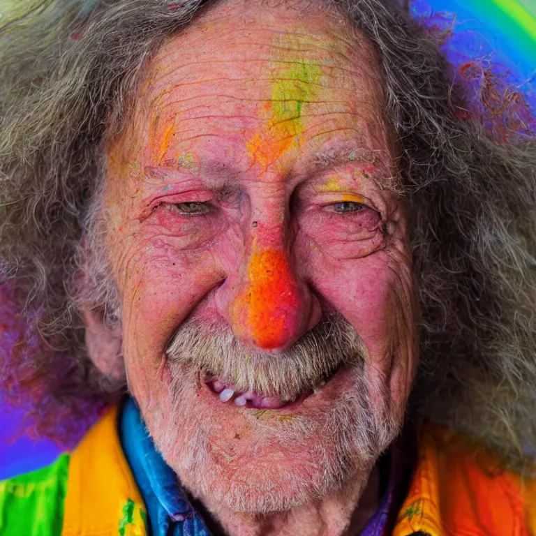 Prompt: colorful portrait photograph of a smiling aging hippy wearing an event horizon for a shirt, intense color photograph by william eggleston, shocking detail realism cosmic trending on artstation 8 k