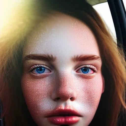 Prompt: beautiful hyperrealism hyperdetailed selfie of a cute young woman sitting in her car, flushed face, red blush, light freckles, puffy lips, soft features, 8 k, sharp focus, art by irakli nadar, instagram