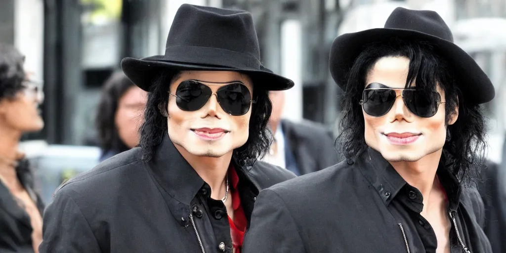 Prompt: michael jackson 2 0 0 9 wearing shades, alone, this is it style, photo real, pores, motion blur, spotted with body guards in london, by himself, real life, spotted, ultra realistic face, accurate, 4 k, movie still, uhd, sharp, detailed, cinematic, render, modern