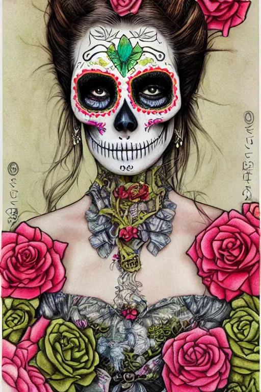 Prompt: Illustration of a sugar skull day of the dead girl, art by chie yoshii