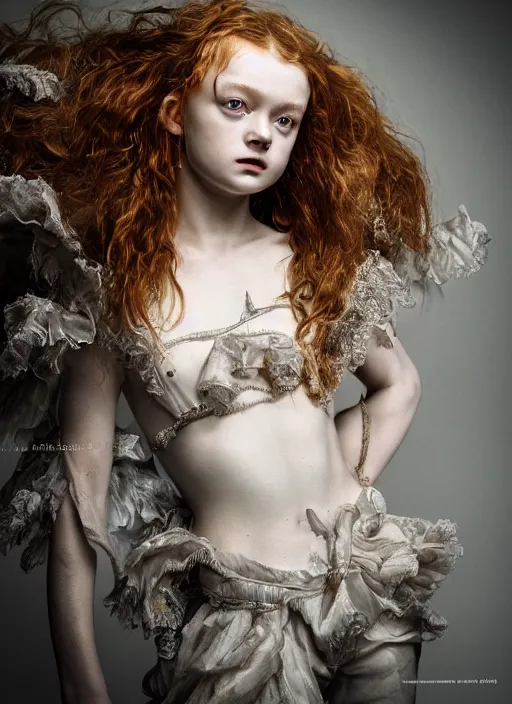 Image similar to sadie sink expressive full body photo of an angels dancing, glamour shot, by jenny saville, by stefan gesell, photorealistic, canon r 3, fashion photography, hyper maximalist, elegant, ornate, luxury, elite, environmental portrait, symmetrical features, octane render, unreal engine, solid dark grey background, dramatic lights