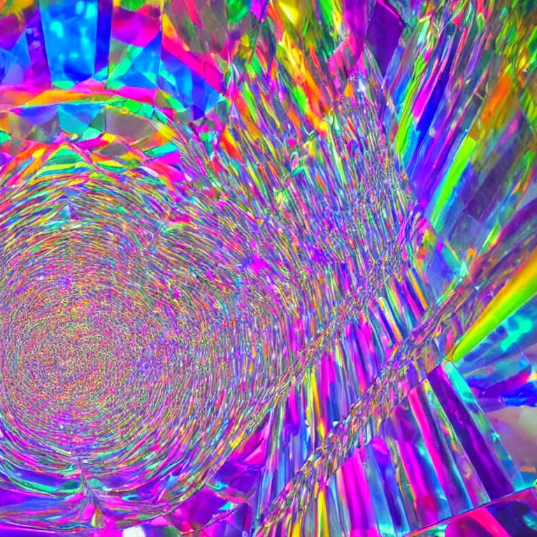 Prompt: a fractal mirror room with prisms of hd fractal light glass, refracting waves of all colors through prism light. rays of light cascade through millions of prisms, drawing amazing patterns around the room.