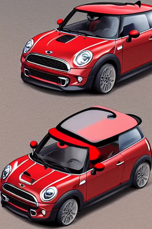 Image similar to Red Mini Cooper car designed by Aplle that looks like it is from Borderlands and by Feng Zhu and Loish and Laurie Greasley, Victo Ngai, Andreas Rocha, John Harris