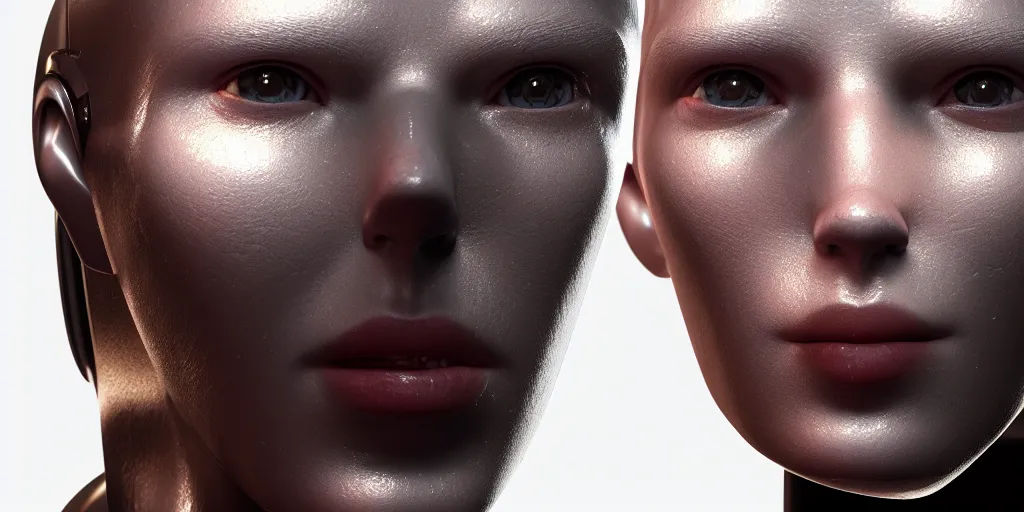 Image similar to hyper realistic symmetricial human face, ex machina, glossy material hard surface, body armour, octane render, 4 k, volumetric lights