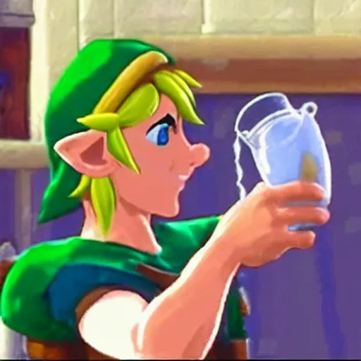 Image similar to link aggressively drinks milk from a bottle, legend of zelda