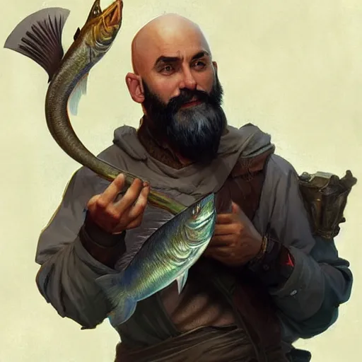 Prompt: wow! fanart young black bearded and bald man with a fish in his hand, d & d, high fantasy, detailed, digital art, artstation, smooth, sharp focus, art by artgerm, greg rutkowski, alphonse mucha