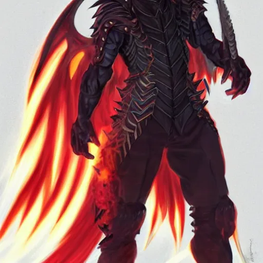 Image similar to full body anime style human in dragon form, bald, beard made of fire. fantasy style. very punk / alt aesthetic. wings and tail, a highly detailed, digital painting, artstation, concept art, matte, sharp focus, illustration, art by artgerm and greg rutkowski