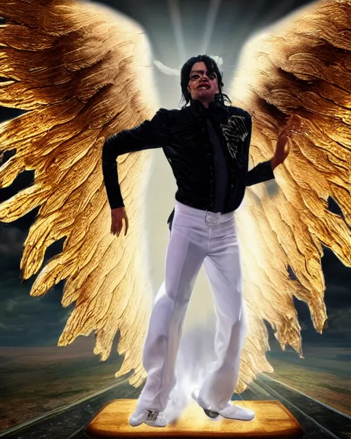 Image similar to highly detailed film still of Michael Jackson sat on a cloud in heaven with angel wings by Joe Simko, grotesque, 8k, hd, hyperdetailed, award winning cinematography