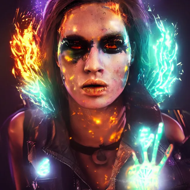 Image similar to a female raver / punk using her mutant fire powers in the style of leonard boyarsky trending on artstation deviantart pinterest hyper detailed photorealistic highlights and shadow hd 8 k post - processing high resolution